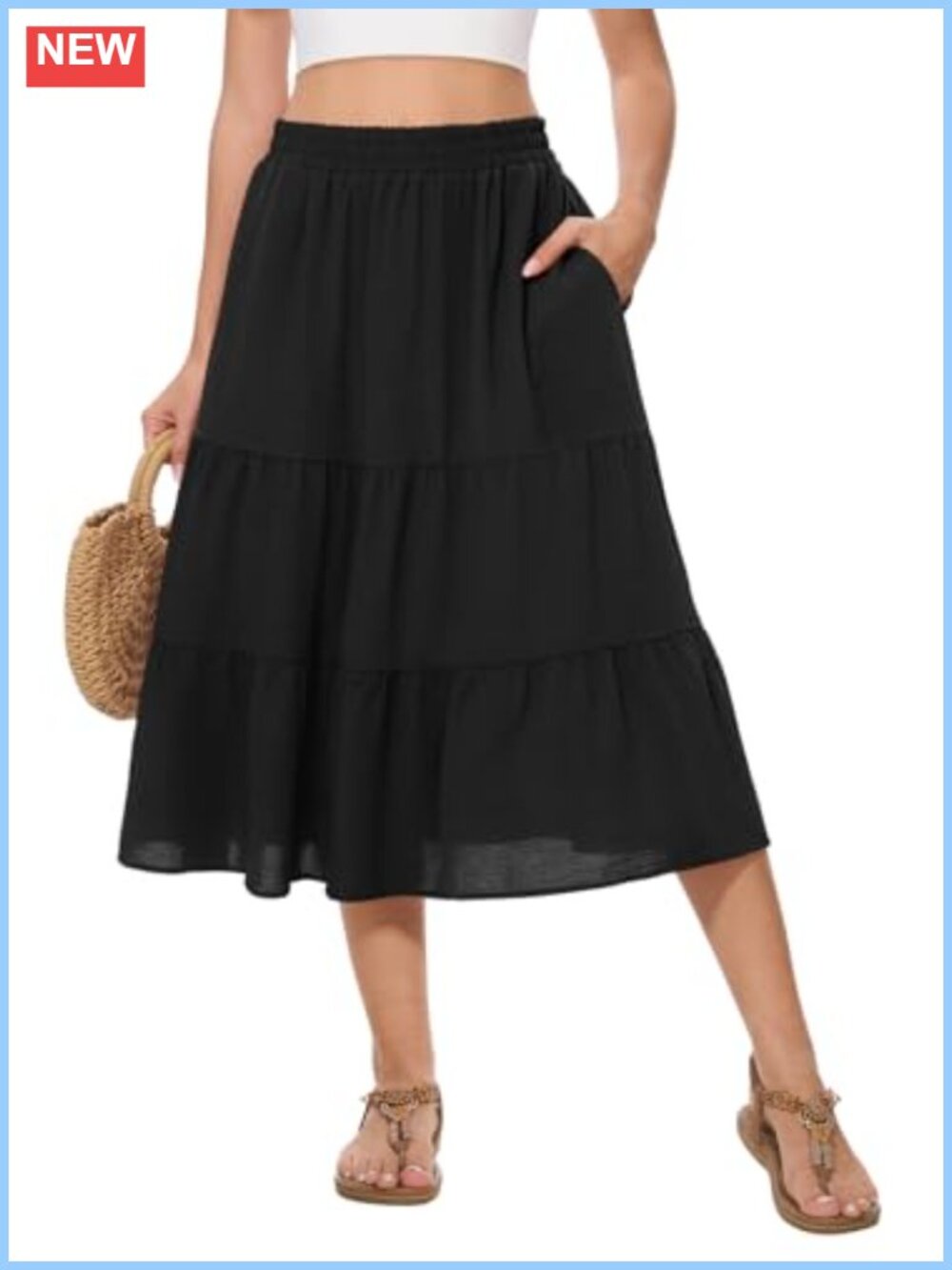 Women's Summer Midi Tiered Flowy High Waist A-Line Casual Skirt